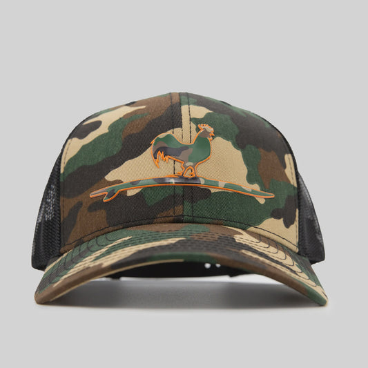 Surfing Rooster Snapback Hat | Camo