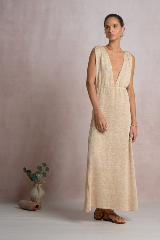 Maxi Plunge Slit Dress | Beige