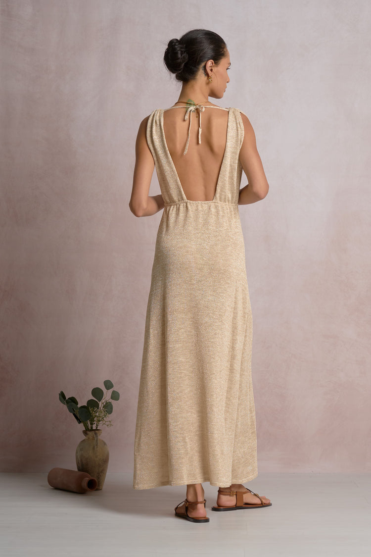 Maxi Plunge Slit Dress | Beige