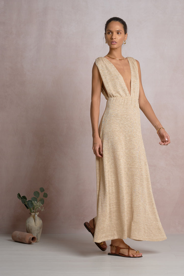 Maxi Plunge Slit Dress | Beige